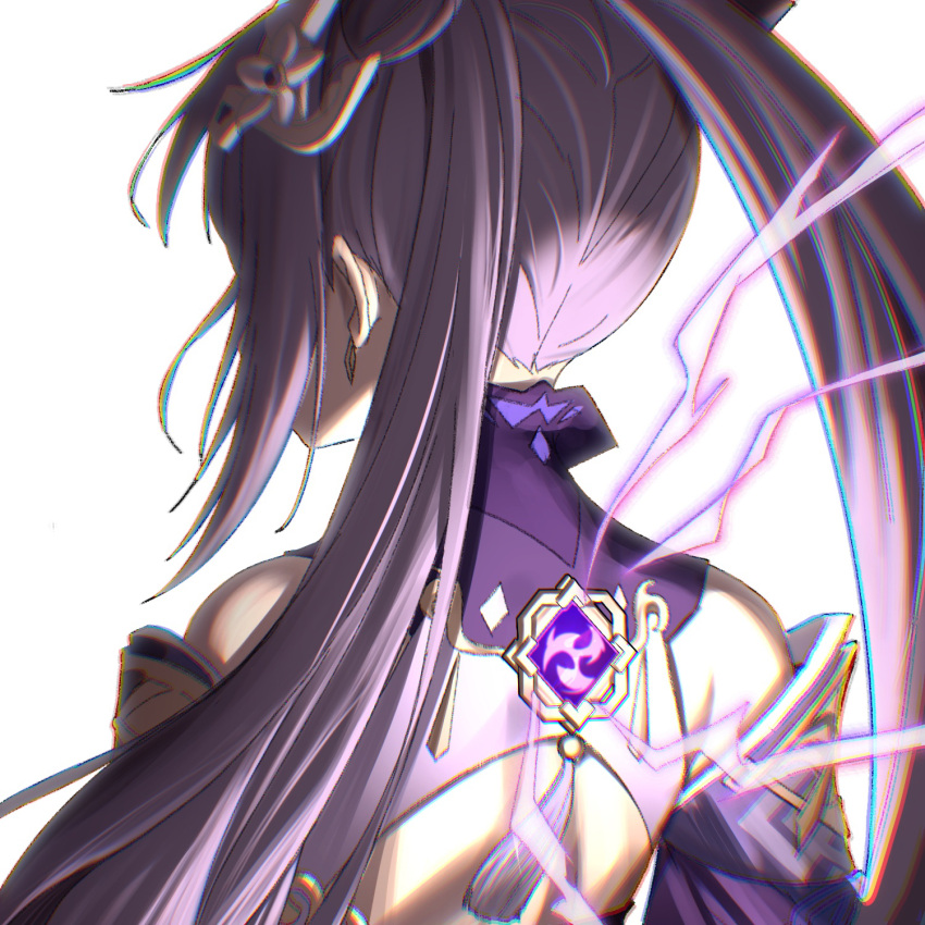 1girl backless_outfit bangs bare_back blurry cloudy_rain4 commentary_request cone_hair_bun depth_of_field detached_sleeves double_bun earrings from_behind genshin_impact hair_bun highres jewelry keqing_(genshin_impact) lightning long_hair nape purple_hair short_sleeves sidelocks solo twintails vision_(genshin_impact) white_background