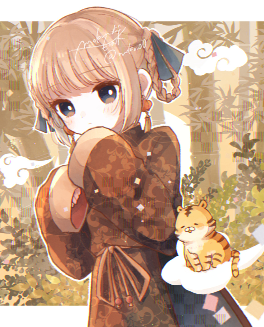 1girl absurdres animal bamboo bangs blue_eyes blue_ribbon braid brown_dress brown_ribbon china_dress chinese_clothes clothing_request clouds dot_nose dress earrings foliage hair_ribbon hand_to_own_mouth highres jewelry lantern lantern_earrings leaf letterboxed light_blush light_brown_background light_brown_hair looking_to_the_side mokunoki new_year original paper_lantern ribbon signature sitting_on_cloud sleeves_past_wrists tiger tiger_cub tongue tongue_out twin_braids twitter_username very_long_sleeves wide_sleeves