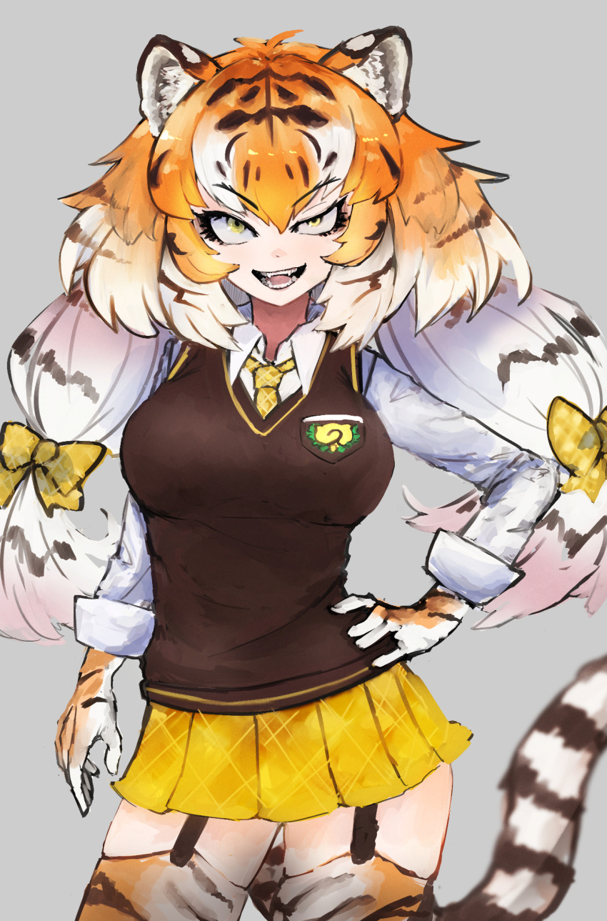 1girl adeshi_(adeshi0693119) animal_ears animal_print black_garter_straps bow breast_pocket breasts brown_sweater_vest collared_shirt contrapposto evil_grin evil_smile garter_straps gloves grin hair_between_eyes hair_bow hand_on_hip highres japari_symbol kemono_friends large_breasts looking_at_viewer low_twintails miniskirt multiple_hair_bows necktie open_mouth pleated_skirt pocket sanpaku shirt siberian_tiger_(kemono_friends) skirt smile solo sweater_vest tail teeth thigh-highs tiger_ears tiger_girl tiger_print tiger_stripes tiger_tail tongue twintails v-shaped_eyebrows white_shirt yellow_bow yellow_eyes yellow_necktie yellow_skirt