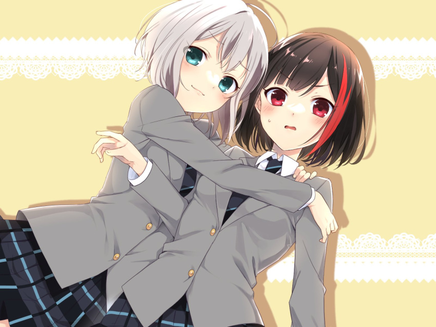2girls ahoge ameno_s3 aoba_moca arm_at_side bang_dream! bangs black_hair blazer blue_eyes blue_necktie blue_skirt blush bob_cut breasts commentary diagonal-striped_necktie dress_shirt dutch_angle embarrassed grey_hair grey_jacket hair_between_eyes hand_up hands_on_another's_shoulders haneoka_school_uniform highres hug jacket lace light_smile long_sleeves looking_at_viewer mitake_ran multicolored_hair multiple_girls necktie parted_lips plaid plaid_skirt pleated_skirt red_eyes redhead school_uniform shirt short_hair side-by-side skirt small_breasts smile streaked_hair striped striped_necktie sweatdrop upper_body v-shaped_eyebrows wavy_mouth white_shirt yellow_background