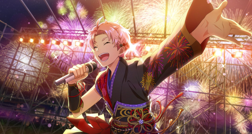 1boy ahoge braid closed_eyes fingernails fireworks fireworks_print hair_ornament highres holding holding_microphone idolmaster idolmaster_side-m idolmaster_side-m_growing_stars japanese_clothes kabuto_daigo male_focus microphone official_art open_mouth pink_hair ribbon smile solo stage stage_lights teeth third-party_source upper_teeth
