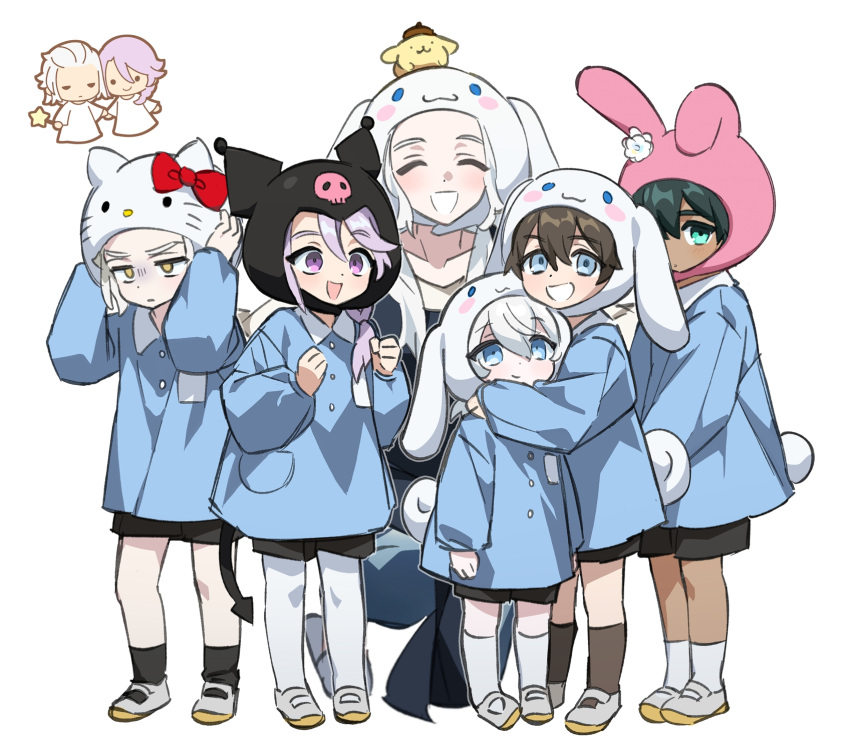 1girl 5boys :d ^_^ ^o^ adventurer_(ff14) aged_down alternate_costume animal_hat annoyed aqua_eyes arm_around_neck bangs beanie black_headwear black_shorts black_socks blue_eyes blue_shirt braid brown_hair buttons character_hat chibi chibi_inset chinese_commentary cinnamoroll clenched_hands closed_eyes collarbone collared_shirt commentary_request creature_on_head emet-selch facing_viewer female_child final_fantasy final_fantasy_xiv frown full_body grin hair_between_eyes hand_on_another's_shoulder hands_on_own_head hands_up hat height_difference hello_kitty_(character) hermes_(ff14) highres hythlodaeus hyur kindergarten_uniform kuromi long_sleeves male_child mary_janes medium_hair multiple_boys my_melody on_head one_knee open_mouth pantyhose pink_headwear pocket pompompurin purple_hair rabbit_hat rabbit_tail sanrio shirt shoes short_hair shorts side_braid simple_background single_braid smile socks standing swept_bangs tail themis_(ff14) venat_(ff14) violet_eyes white_background white_footwear white_hair white_headwear white_pantyhose white_socks wuliu_heihuo yellow_eyes