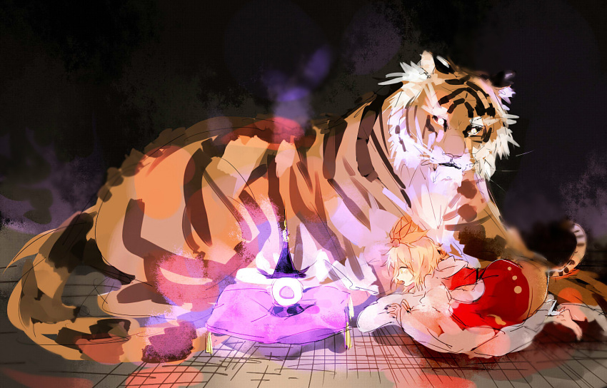 1girl all_fours bishamonten's_pagoda blonde_hair cerevevisiae commentary_request dress fang full_body glowing hair_ornament highres long_sleeves open_mouth pillow red_dress short_hair solo tail tiger tiger_tail toramaru_shou touhou wide_sleeves