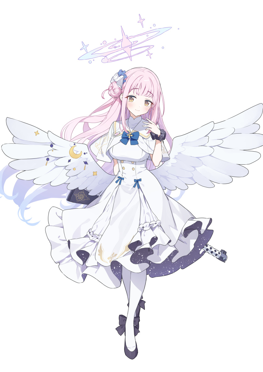 1girl absurdres baffu bangs blue_archive blue_bow blue_bowtie blush bow bowtie closed_mouth dress feathered_wings frilled_dress frills full_body gun hair_bun hair_ornament hair_scrunchie halo highres long_hair looking_at_viewer mika_(blue_archive) moon_(ornament) pink_hair scrunchie simple_background single_side_bun sleeveless sleeveless_dress solo standing star_(symbol) weapon white_background white_dress white_wings wings yellow_eyes