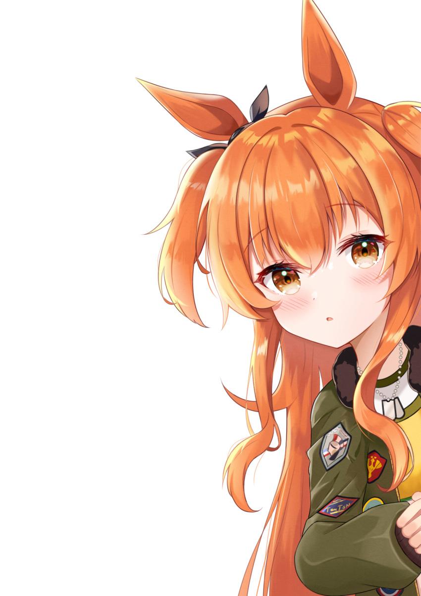 1girl animal_ears blush bomber_jacket commentary dog_tags english_commentary exusiai_dust hair_ornament highres horse_ears horse_girl horse_tail jacket long_hair looking_at_viewer mayano_top_gun_(umamusume) orange_hair peeking_out simple_background solo tail umamusume white_background