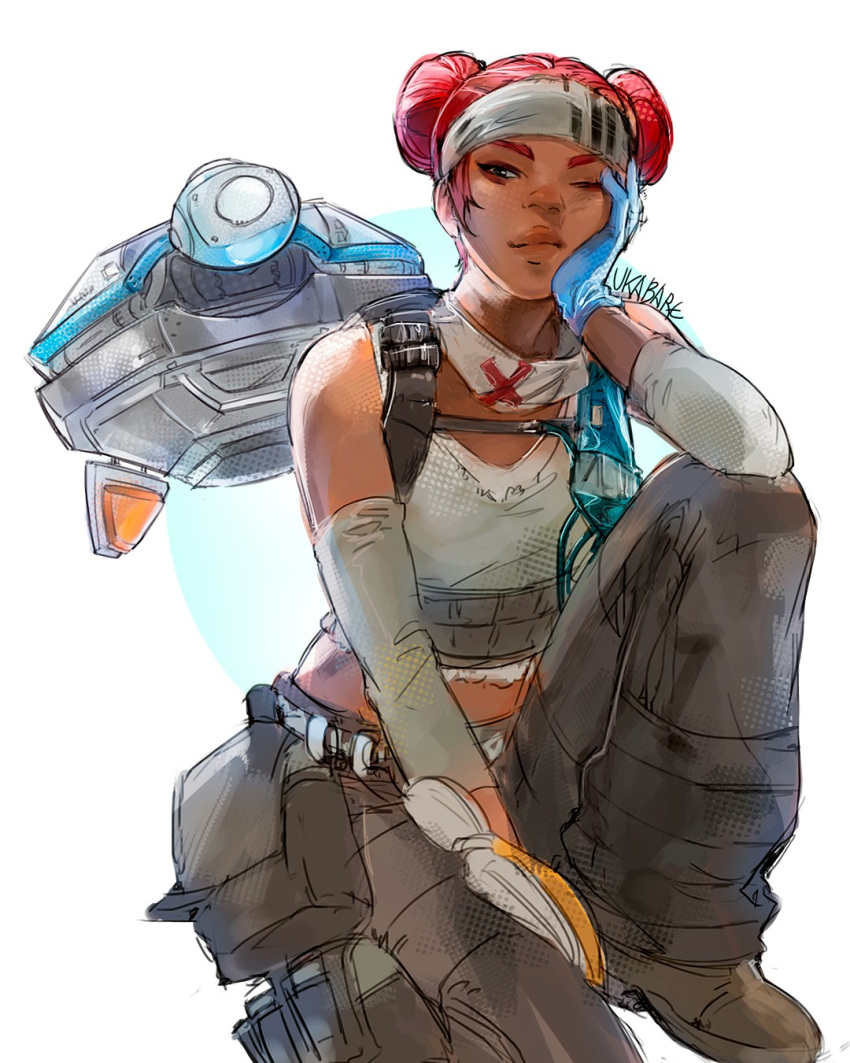 1girl apex_legends artist_name bangs blue_gloves boots brown_footwear d.o.c._health_drone dark-skinned_female dark_skin detached_sleeves double_bun english_commentary gloves grey_headband grey_tank_top hair_behind_ear hair_bun headband highres invisible_chair lifeline_(apex_legends) looking_at_viewer midriff_peek non-humanoid_robot one_eye_closed redhead robot simple_background sitting solo tank_top ukabare white_background