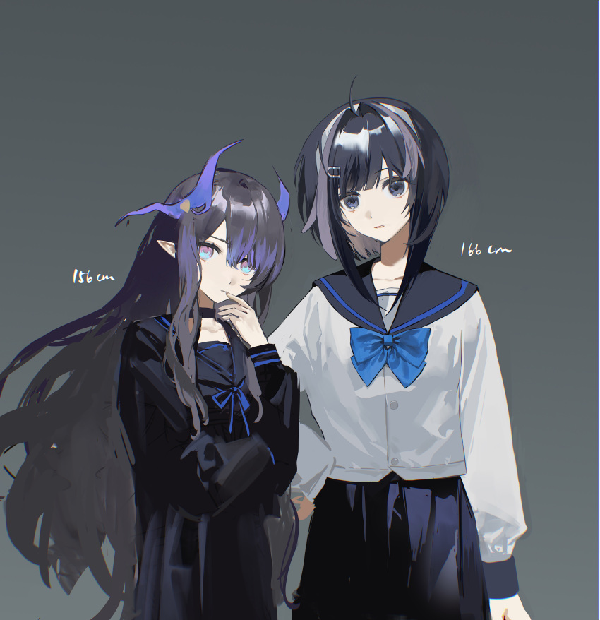 2girls absurdres arknights black_choker black_eyes black_hair black_sailor_collar black_serafuku black_shirt black_skirt blue_bow blue_eyes bow choker closed_mouth collarbone commentary_request grey_background grey_hair hand_up height highmore_(arknights) highres horns la_pluma_(arknights) long_sleeves looking_at_viewer multicolored_hair multiple_girls parted_lips pe902 puffy_long_sleeves puffy_sleeves sailor_collar school_uniform serafuku shirt simple_background skirt streaked_hair white_shirt