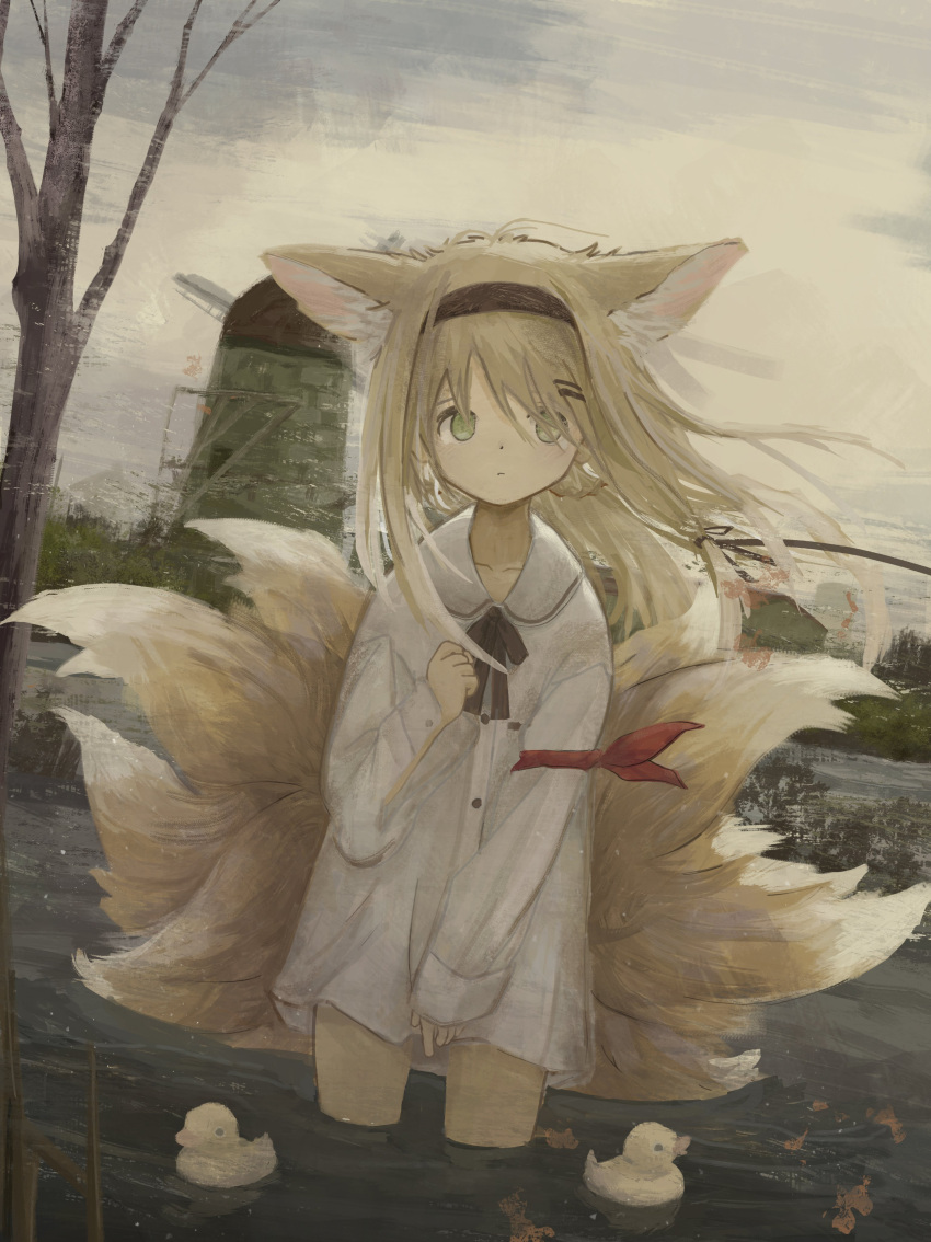 1girl absurdres animal_ear_fluff animal_ears arknights arm_ribbon barn black_hairband black_ribbon blonde_hair braid closed_mouth collarbone collared_shirt dutch_angle farm floating_hair fox_ears fox_girl fox_tail green_eyes hairband hand_on_own_chest highres kitsune kyuubi light_blush long_hair looking_at_viewer mani_tamlyn multiple_tails neck_ribbon outdoors overcast oversized_clothes red_ribbon ribbon rubber_duck shirt shirt_tug sleeves_past_wrists solo suzuran_(arknights) tail tree twin_braids wading white_shirt windmill