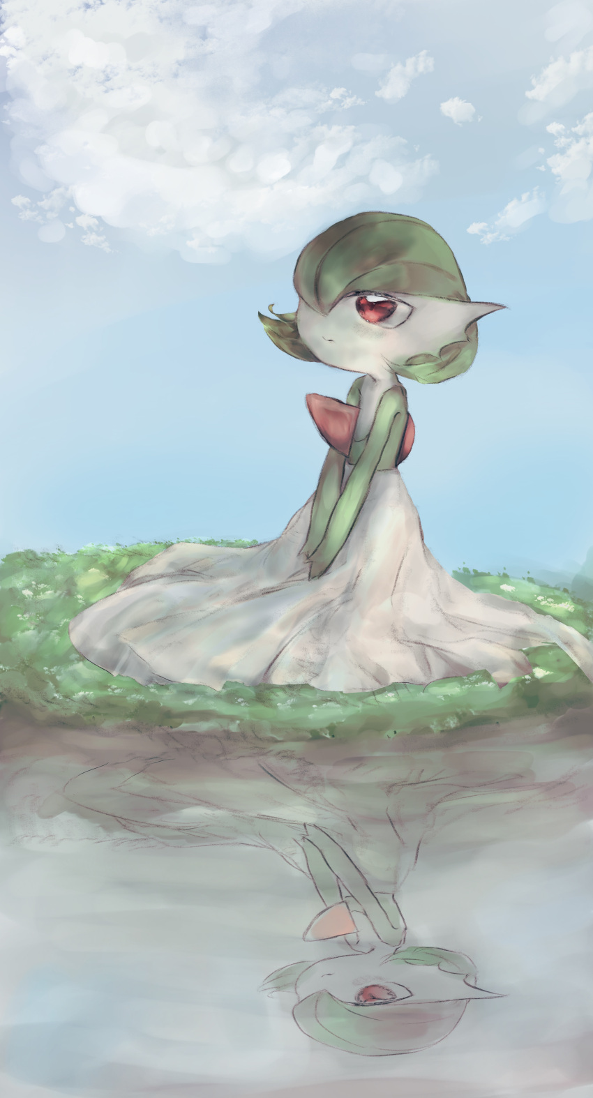 1girl absurdres bangs blue_sky bob_cut closed_mouth clouds colored_skin commentary_request day don_(pixiv_26452165) flat_chest full_body gardevoir grass green_hair green_skin hair_over_one_eye happy highres looking_up multicolored_skin on_ground one_eye_covered outdoors own_hands_together partial_commentary pokemon pokemon_(creature) red_eyes reflection reflective_water short_hair sitting sky smile solo two-tone_skin v_arms white_skin