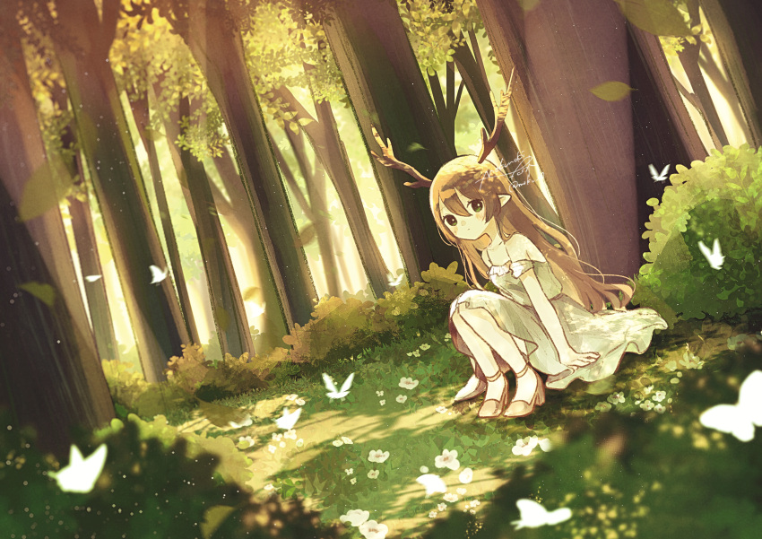 1girl absurdres bangs bare_arms bare_shoulders brown_hair bug bush butterfly dappled_sunlight day deer_antlers deer_girl dress expressionless flower foliage forest grass green_eyes grey_footwear hair_between_eyes hand_rest high_heels highres leaf long_hair looking_to_the_side mokunoki nature on_ground original pointy_ears scenery signature sitting sleeveless sleeveless_dress sunlight tree under_tree white_dress white_flower