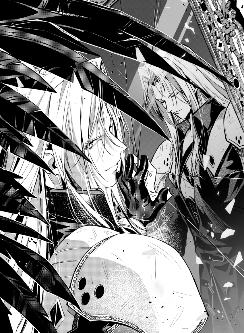 1boy armor bangs black_feathers black_jacket broken_mirror chest_strap closed_eyes feathers final_fantasy final_fantasy_vii final_fantasy_vii_remake greyscale high_collar highres jacket long_bangs long_hair long_jacket looking_back male_focus mirror monochrome parted_bangs sephiroth shattered shoulder_armor solo yan_river