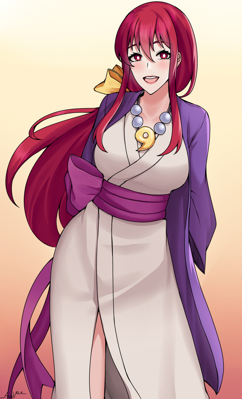 1girl :d absurdres ace_attorney aroevela artist_name breasts cosplay gradient gradient_background hair_between_eyes highres japanese_clothes jewelry kimono kotohime_(touhou) large_breasts long_hair looking_at_viewer magatama magatama_necklace maya_fey maya_fey_(cosplay) necklace open_mouth red_eyes redhead signature smile solo standing touhou touhou_(pc-98) white_kimono yellow_background