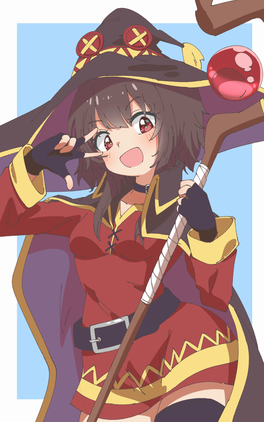 1girl absurdres bangs bare_shoulders belt black_belt black_hair black_headwear blush breasts choker dress fingerless_gloves gloves greeeenmodoki2 happy hat highres kono_subarashii_sekai_ni_shukufuku_wo! large_breasts long_hair long_sleeves megumin open_mouth red_dress shiny shiny_hair single_thighhigh smile solo thigh-highs witch_hat