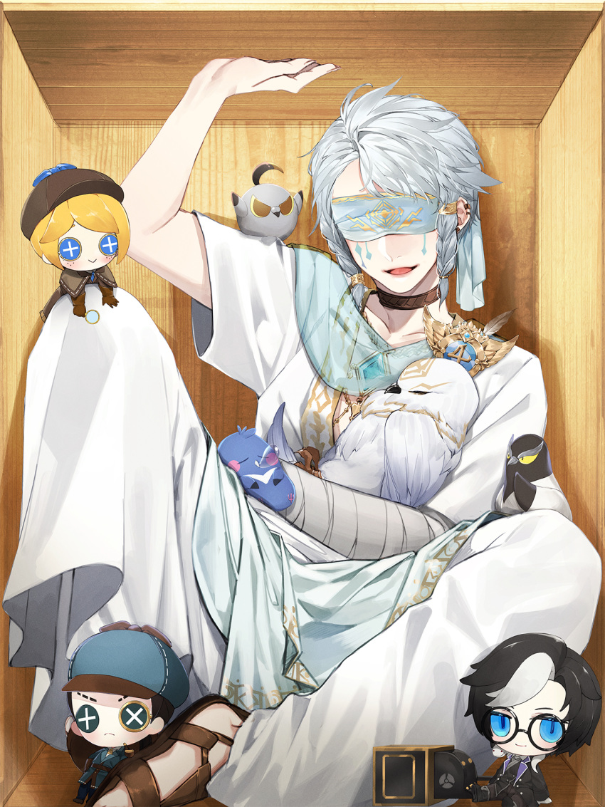 bishounen box braid covered_eyes cross eli_clark emma_woods highres identity_v in_box in_container joseph_desaulniers male_focus naib_subedar official_art open_mouth puppet sitting smile twin_braids white_hair