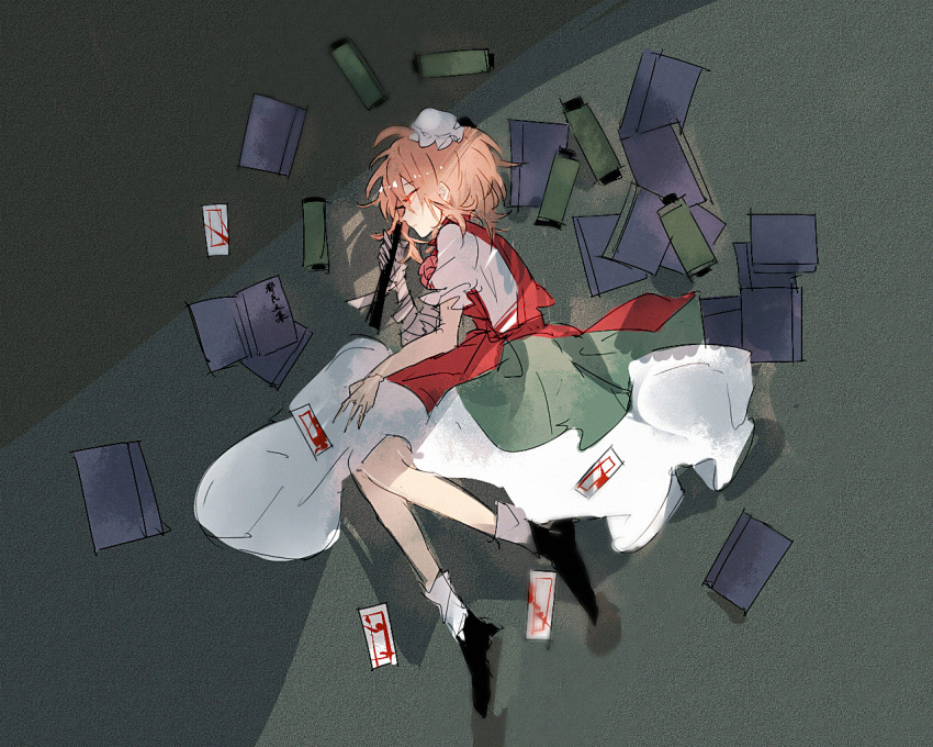 1girl bandaged_arm bandages bangs book bun_cover cerevevisiae closed_mouth commentary_request double_bun dress expressionless flower full_body green_skirt hair_between_eyes hair_bun holding ibaraki_kasen lying on_floor on_side pink_eyes pink_flower pink_hair pink_rose rose short_hair skirt solo tabard touhou white_dress
