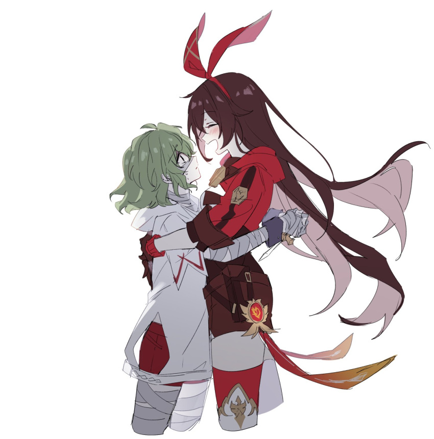 2girls amber_(genshin_impact) bandaged_arm bandaged_hand bandaged_leg bandages bangs blush boo_1 brown_hair brown_shorts closed_eyes collei_(genshin_impact) cropped_legs from_side genshin_impact gloves green_hair hair_between_eyes highres hug long_hair multiple_girls open_mouth profile short_hair shorts simple_background sweat thigh-highs very_long_hair vision_(genshin_impact) white_background