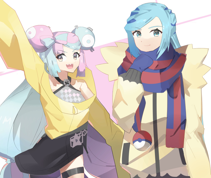 1boy 1girl blue_mittens bow-shaped_hair character_hair_ornament grusha_(pokemon) hair_ornament hexagon_print highres iono_(pokemon) jacket kanonblog776 long_hair low-tied_long_hair multicolored_hair oversized_clothes pink_eyes pink_hair poke_ball_print pokemon pokemon_(game) pokemon_sv scarf scarf_over_mouth sharp_teeth shirt sleeveless sleeveless_shirt sleeves_past_fingers sleeves_past_wrists teeth twintails two-tone_hair two-tone_scarf very_long_hair very_long_sleeves x yellow_jacket