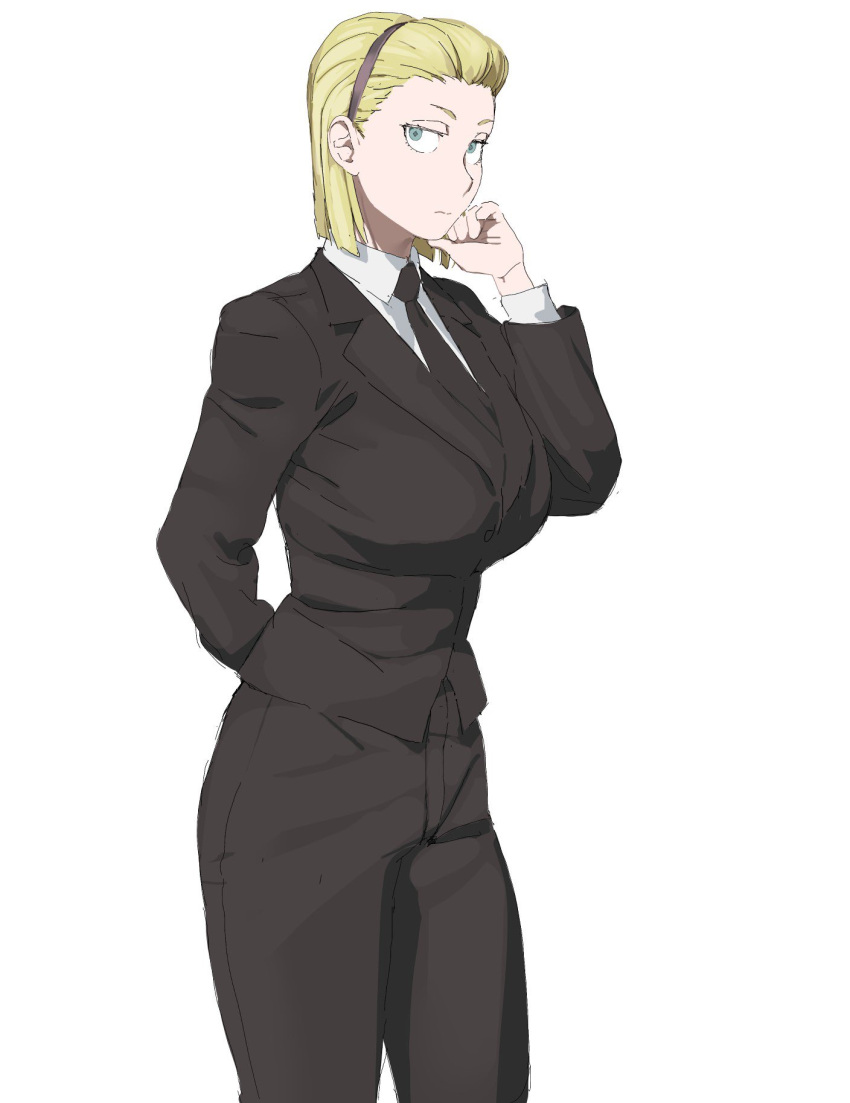 1girl arm_behind_back bangs_pinned_back black_jacket black_necktie black_pants blonde_hair breasts business_suit closed_mouth collared_shirt copyright_request formal green_eyes hairband highres jacket large_breasts looking_at_viewer medium_hair mikazukisou necktie pant_suit pants sanpaku shirt simple_background solo standing suit white_background white_shirt wing_collar