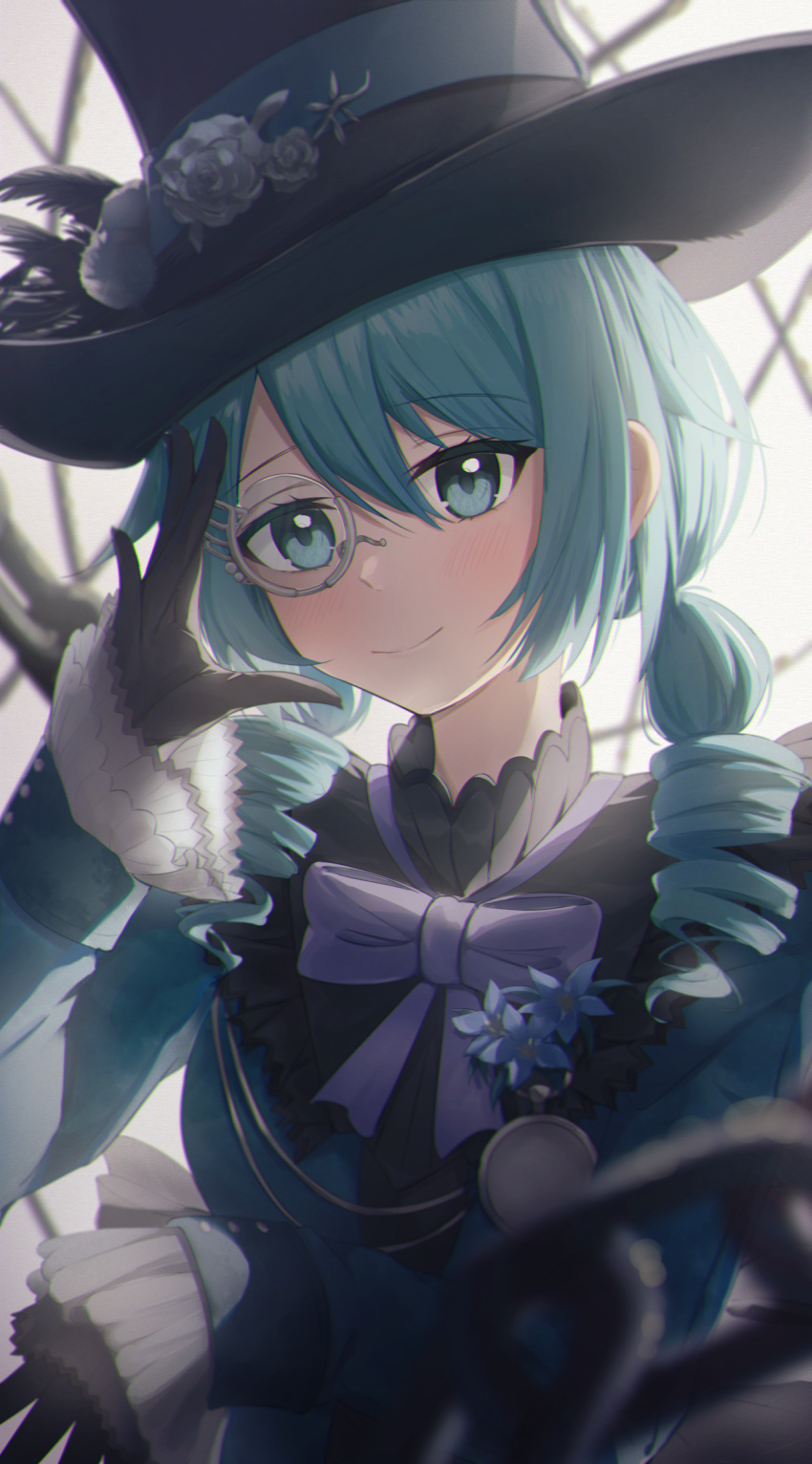 1girl aqua_eyes aqua_hair aqua_shirt arms_at_sides bangs black_gloves black_headwear blurry blurry_background blurry_foreground bow closed_mouth collared_shirt curly_hair flower_hat frilled_cuffs frilled_shirt frills gloves grey_rose hand_on_own_face hand_up hat hatsune_miku highres monocle moonlightlight net project_sekai purple_bow shirt sidelocks simple_background smile solo standing twintails upper_body vocaloid white_background
