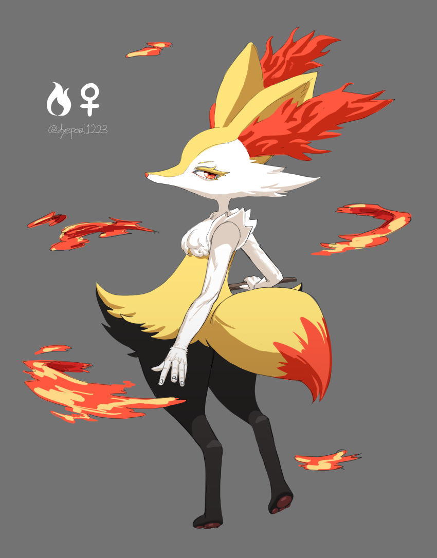 1girl absurdres animal_ear_fluff animal_ears animal_feet animal_nose arm_at_side artist_name black_fur body_fur braixen colored_eyelashes commentary dyepoal feet fire flat_chest fox_ears fox_girl fox_tail from_behind full_body fur_collar furry furry_female grey_background half-closed_eyes highres holding holding_stick looking_at_viewer looking_back multicolored_fur no_mouth pawpads pokemon pokemon_(creature) red_eyes romaji_commentary signature simple_background snout solo standing stick tail twitter_username venus_symbol white_fur yellow_fur