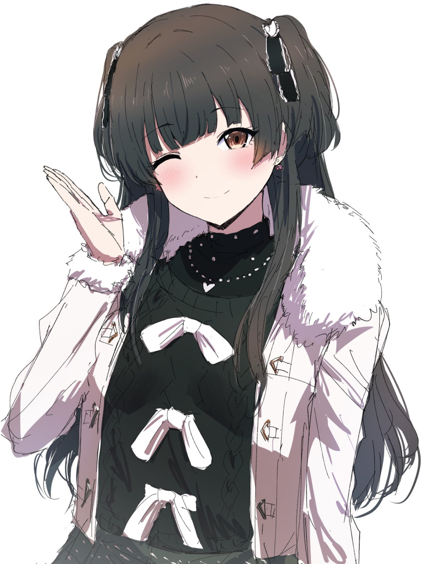 1girl ;) bangs black_sweater blunt_bangs blush fur-trimmed_jacket fur_trim hair_ornament highres idolmaster idolmaster_shiny_colors jacket looking_at_viewer mayuzumi_fuyuko misaki_nonaka one_eye_closed simple_background sketch smile solo sweater two_side_up upper_body white_background white_jacket