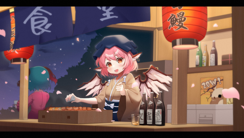 2girls absurdres animal_ears bird_ears bird_wings blue_headwear blush bottle brown_eyes brown_kimono dog_ears dress earrings flying_sweatdrops food food_stand green_hair hair_between_eyes head_scarf highres japanese_clothes jewelry jiaoxiang_tc kasodani_kyouko kimono lantern long_sleeves multiple_girls mystia_lorelei okamisty open_mouth paper_lantern pink_dress pink_hair short_hair single_earring smile touhou touhou_mystia's_izakaya white_wings wide_sleeves wings yatai