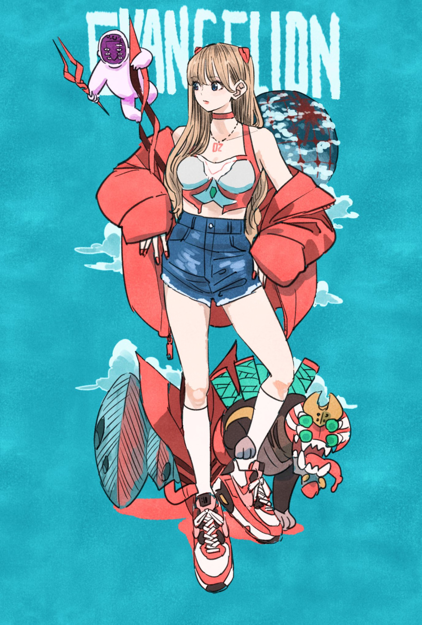1girl angel_(evangelion) bare_shoulders blue_background blue_shorts breasts brown_hair choker coat coat_partially_removed crop_top denim denim_shorts full_body hair_over_shoulder hand_on_hip headgear highres jewelry lilith_(evangelion) long_hair medium_breasts nail_polish necklace neon_genesis_evangelion red_choker red_coat red_nails shoes short_shorts shorts sneakers socks souryuu_asuka_langley standing takeuchi_ryousuke white_socks