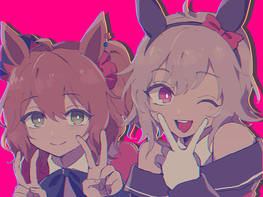 2girls ahoge animal_ears aston_machan_(umamusume) bangs bare_shoulders black_hair bow bowtie brown_hair chromatic_aberration closed_mouth crown curren_chan_(umamusume) drop_shadow gloves green_eyes grey_hair hair_ornament hair_scrunchie hairband hands_up highres horse_ears looking_at_viewer multiple_girls one_eye_closed one_side_up open_mouth rjsn scrunchie short_hair side_ponytail smile umamusume v_over_mouth violet_eyes white_gloves