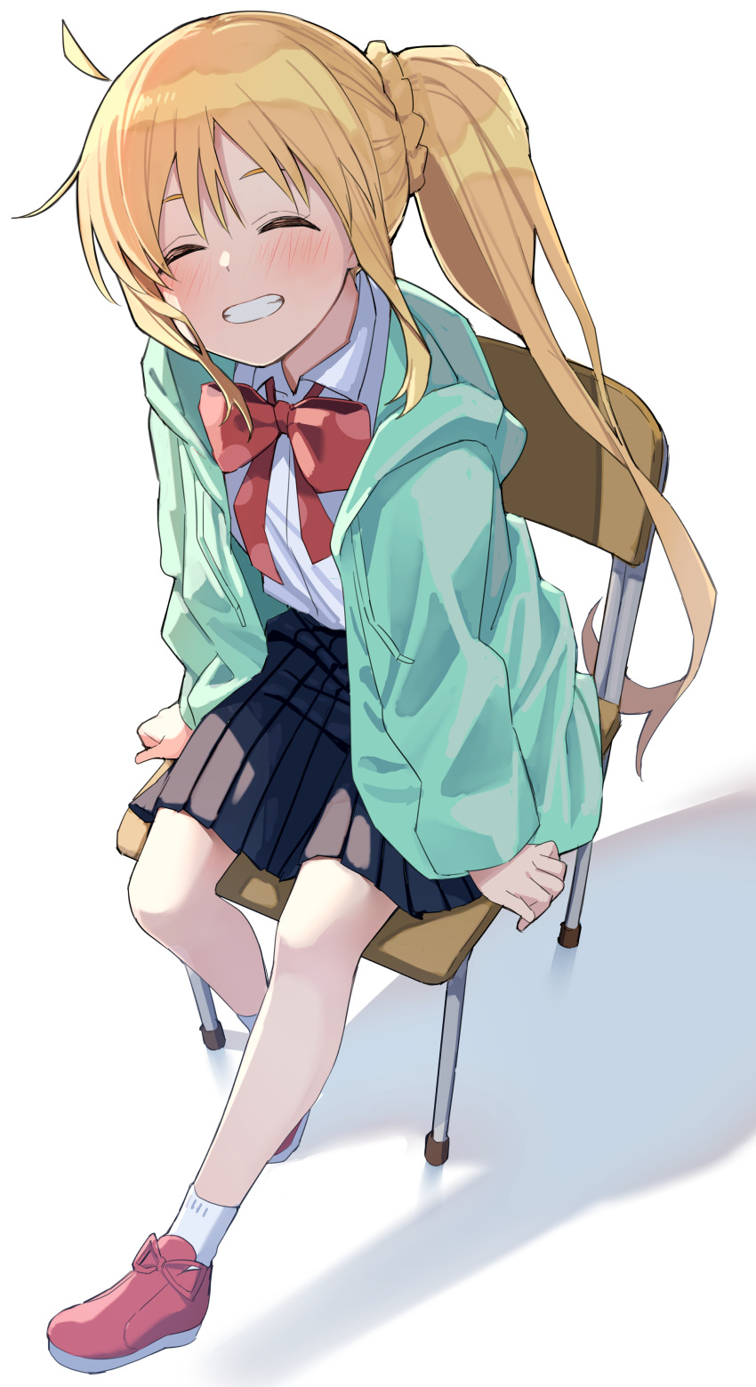 1girl absurdres ahoge bangs blonde_hair blue_skirt bocchi_the_rock! bow chair closed_eyes collared_shirt full_body highres ijichi_nijika jacket long_hair long_sleeves mameroku on_chair open_mouth pleated_skirt red_bow red_footwear school_chair school_uniform shirt shoes side_ponytail sidelocks simple_background sitting skirt smile sneakers socks solo white_background white_shirt white_socks