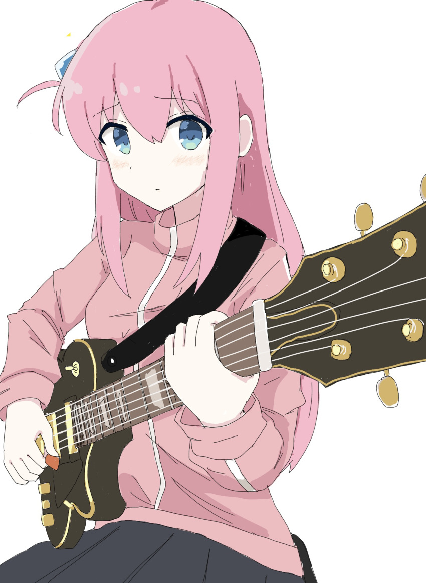 1girl bangs bare_shoulders blue_eyes blush bocchi_the_rock! breasts closed_mouth cube_hair_ornament electric_guitar expressionless gibson_les_paul gotou_hitori grey_skirt guitar hair_between_eyes hair_ornament highres holding instrument jacket loafers long_hair long_sleeves looking_at_viewer mokoo43451177 music one_side_up open_mouth pink_hair pink_jacket playing_instrument pleated_skirt raised_eyebrows shoes side_ponytail simple_background skirt solo track_jacket white_background
