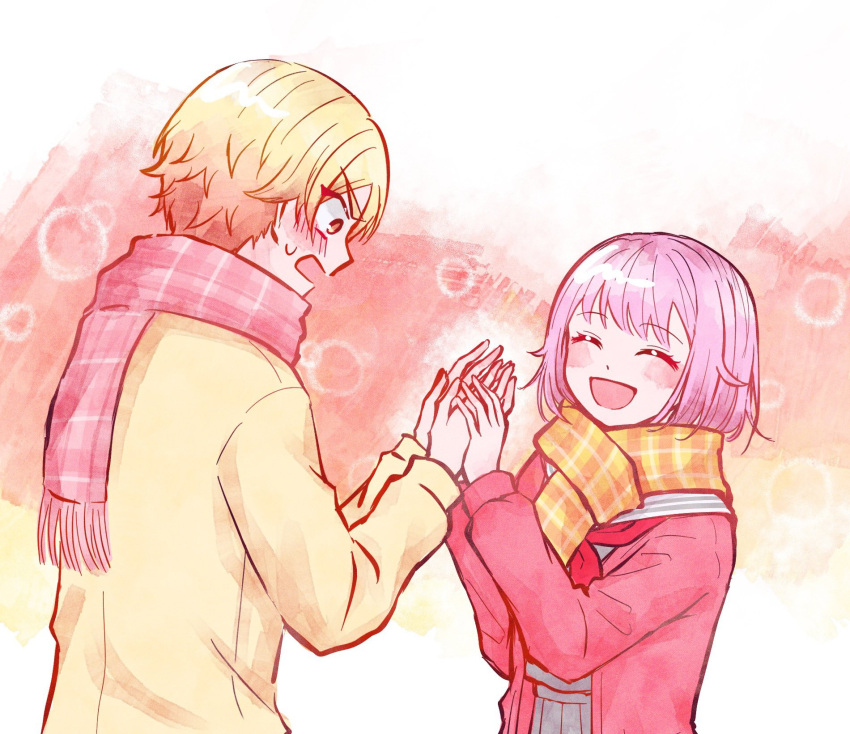 :d blonde_hair blush blush_stickers closed_eyes highres holding_hands jacket long_sleeves narina_0 ootori_emu open_mouth orange_scarf pink_hair pink_scarf project_sekai scarf school_uniform shirt short_hair smile tenma_tsukasa yellow_eyes yellow_shirt