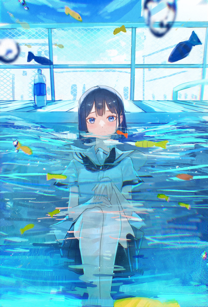 1girl absurdres bangs black_hair black_neckerchief black_skirt blue_eyes blue_sky bottle chain-link_fence closed_mouth commentary_request day feet_out_of_frame fence fish hands_on_own_knees highres iinagi_(kashiwa_keira) knees_up looking_at_viewer neckerchief original outdoors partially_submerged partially_underwater_shot pleated_skirt sailor_collar short_hair short_sleeves sitting skirt sky solo straight-on water water_bottle white_nails white_sailor_collar