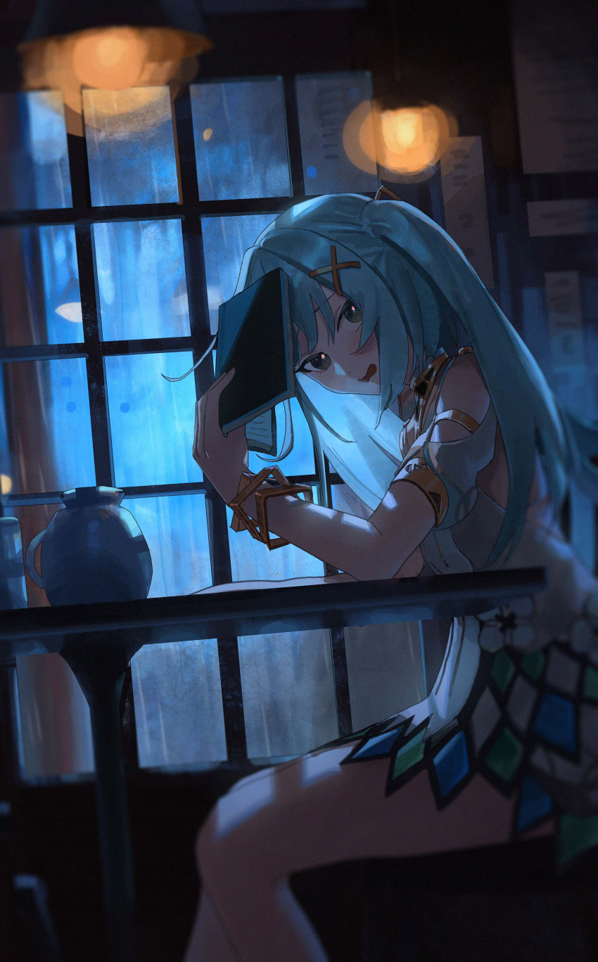 1girl absurdres aqua_hair bangs bare_shoulders book commentary dress elbow_on_table faruzan_(genshin_impact) feet_out_of_frame genshin_impact green_eyes hair_ornament highres holding holding_book iinagi_(kashiwa_keira) indoors jewelry long_hair looking_at_viewer night open_book open_mouth short_dress short_sleeves sitting solo table twintails window x_hair_ornament