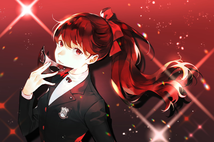 1girl bangs buttons eye_mask hair_ribbon highres looking_at_viewer lor_(roasyerizyonirapi) mask persona persona_5 persona_5_the_royal ponytail red_background red_button red_eyes redhead ribbon school_uniform shuujin_academy_uniform sparkle sparkle_background yoshizawa_kasumi