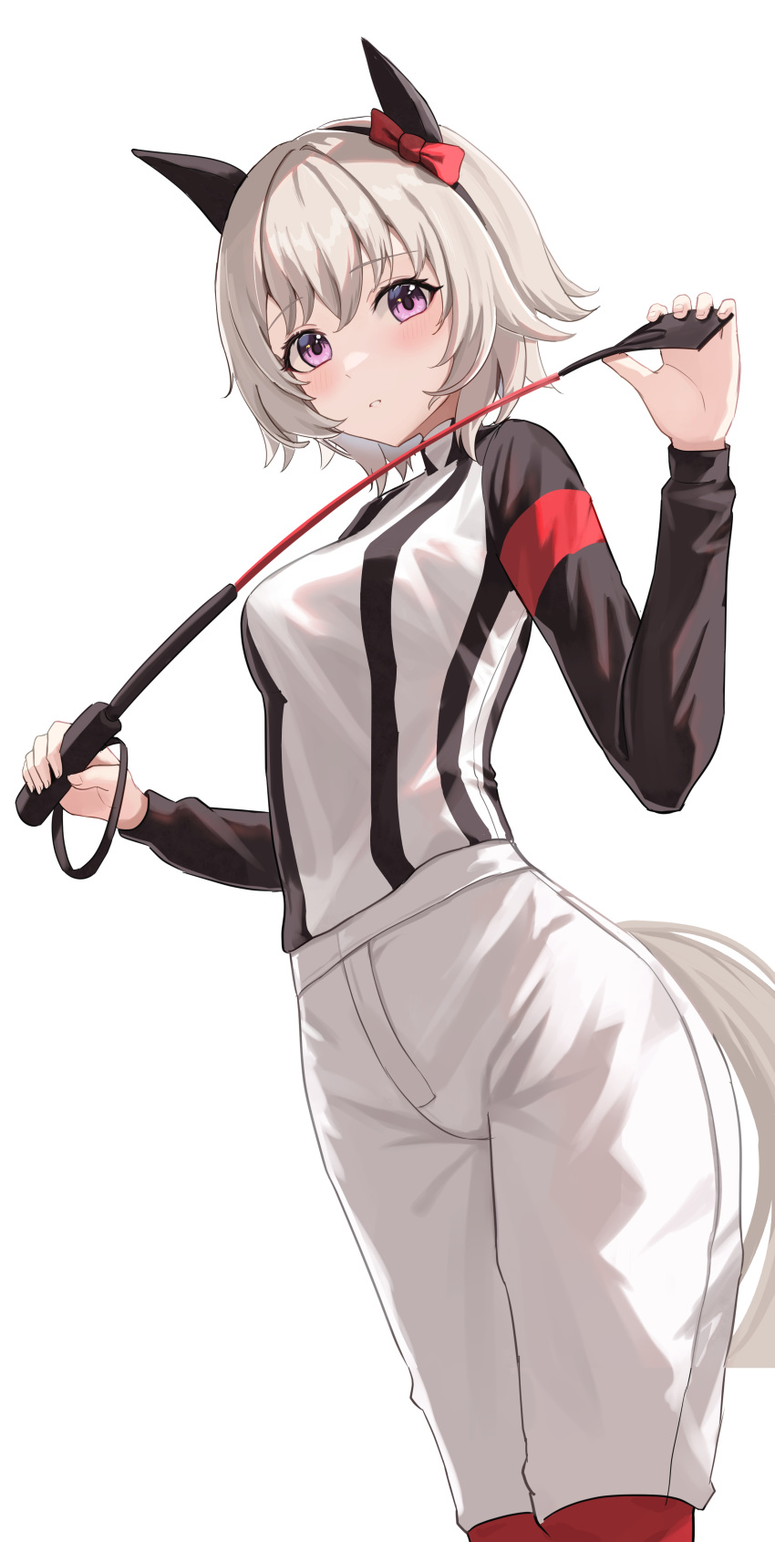1girl absurdres alternate_costume animal_ears black_hairband blush commentary_request commission curren_chan_(umamusume) ear_covers ear_ribbon from_below grayllust grey_hair hairband highres holding_riding_crop horse_ears horse_girl horse_tail jockey long_sleeves looking_at_viewer pants riding_crop shirt short_hair simple_background skeb_commission smile solo striped striped_shirt tail umamusume vertical-striped_shirt vertical_stripes violet_eyes white_background white_pants