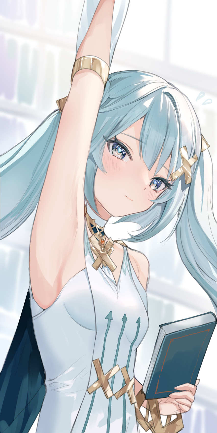 1girl absurdres aqua_hair arm_up armlet armpits bangs blush book bracelet choker commentary dress faruzan_(genshin_impact) flying_sweatdrops genshin_impact hair_ornament highres holding holding_book jewelry long_hair looking_at_viewer outstretched_arm sleeveless sleeveless_dress solo twintails ume_(plumblossom) upper_body white_choker white_dress x_hair_ornament