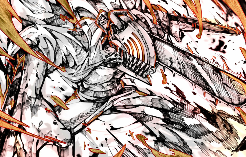 1boy chainsaw chainsaw_man collared_shirt denji_(chainsaw_man) facing_to_the_side highres hybrid monochrome open_clothes orange_theme satomaru31000 sharp_teeth shirt simple_background sleeves_rolled_up smoke solo spot_color teeth white_background