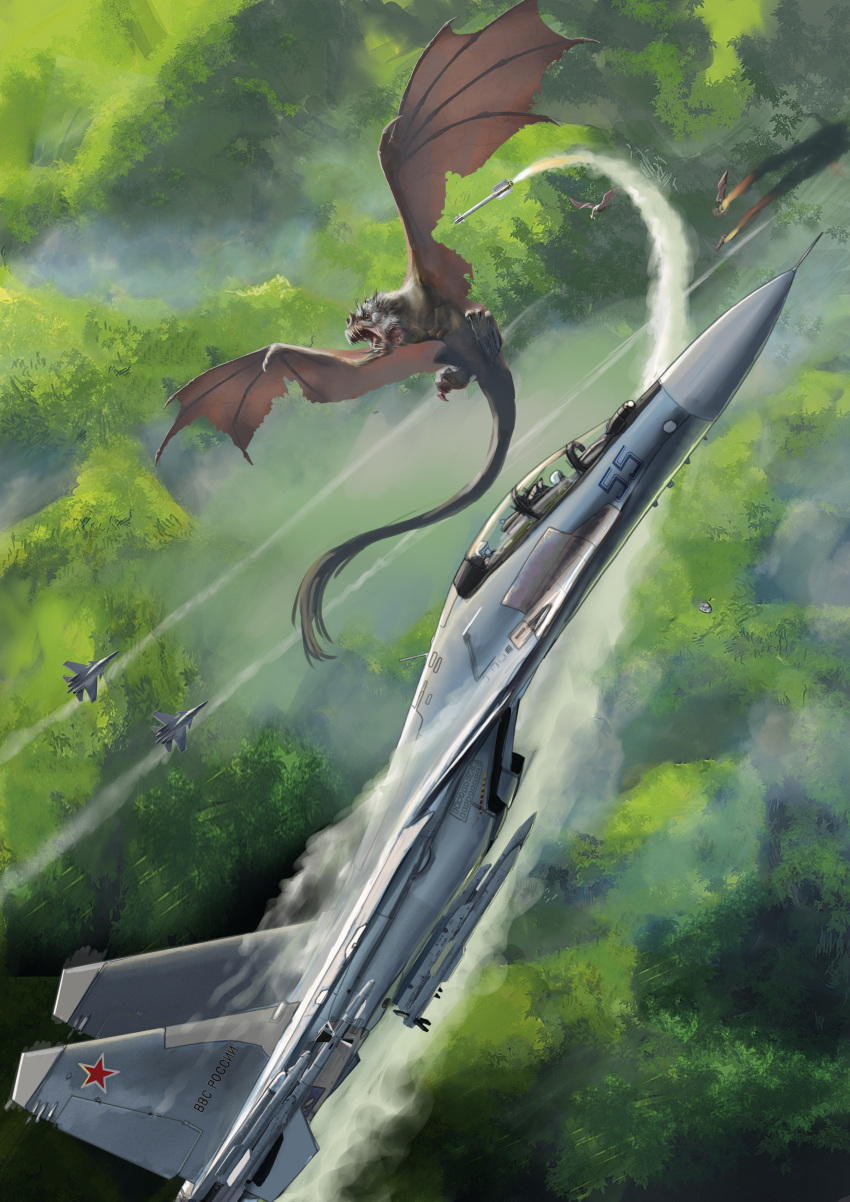 2others absurdres aerial_battle aircraft airplane ambiguous_gender battle canopy_(aircraft) check_commentary commentary commentary_request dragon fantasy fighter_jet flying highres insignia jet jungle military military_vehicle mirroraptor missile multiple_others nature original smoke su-30