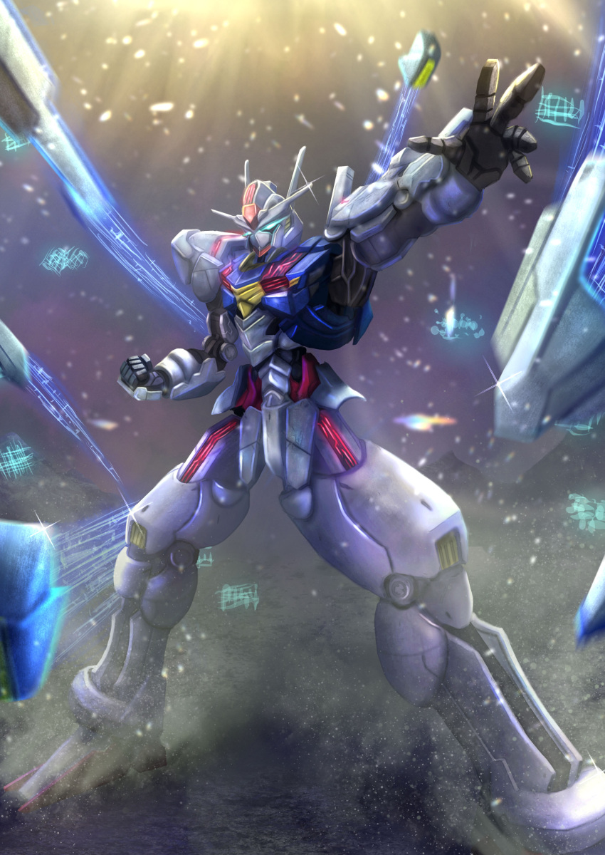 absurdres bit_(gundam) blue_eyes commentary exhaust flying glowing glowing_eyes gundam gundam_aerial gundam_suisei_no_majo highres light_particles mecha mobile_suit no_humans propro13 robot solo sparkle standing v-fin