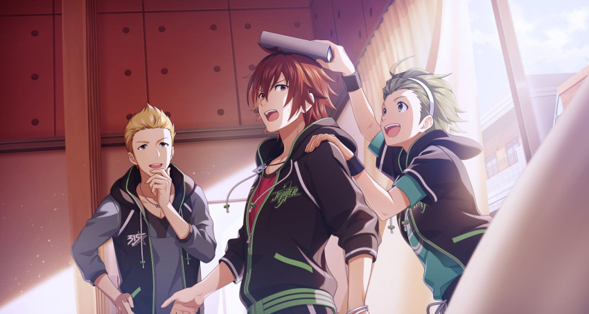 3boys ahoge amagase_touma blonde_hair blue_eyes book book_on_head bracelet brown_eyes brown_hair fingernails green_eyes green_hair grey_shirt hand_on_another's_shoulder hand_on_hip highres hood hoodie idolmaster idolmaster_side-m idolmaster_side-m_growing_stars ijuuin_hokuto indoors jewelry jupiter_(idolmaster) long_sleeves male_focus mitarai_shouta multiple_boys necklace object_on_head official_art open_mouth red_shirt shirt short_sleeves smile sunlight teeth third-party_source upper_teeth zipper