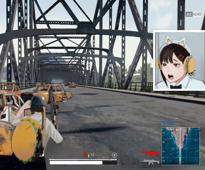 1girl absurdres animal_ear_headphones animal_ears assault_rifle black_bow black_bowtie black_hair bow bowtie bridge burger_bag car cat_ear_headphones chainsaw_man collared_shirt fake_animal_ears gameplay_mechanics ground_vehicle gun headphones health_bar helmet higashiyama_kobeni highres holding holding_gun holding_weapon map meme mole mole_under_mouth motor_vehicle open_mouth outdoors parody pewdiepie's_pubg_livestream_n-word_controversy_(meme) playerunknown's_battlegrounds playing_games rifle shirt short_hair weapon white_shirt xyanaid