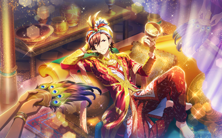 1boy amagase_touma arabian_clothes arm_behind_head barefoot brown_eyes brown_hair cup earrings feathers fingernails folding_fan glint hair_between_eyes hand_fan highres holding holding_cup idolmaster idolmaster_side-m idolmaster_side-m_live_on_stage! jewelry long_sleeves looking_at_viewer multiple_rings official_art pants red_pants ring smile third-party_source toenails toes