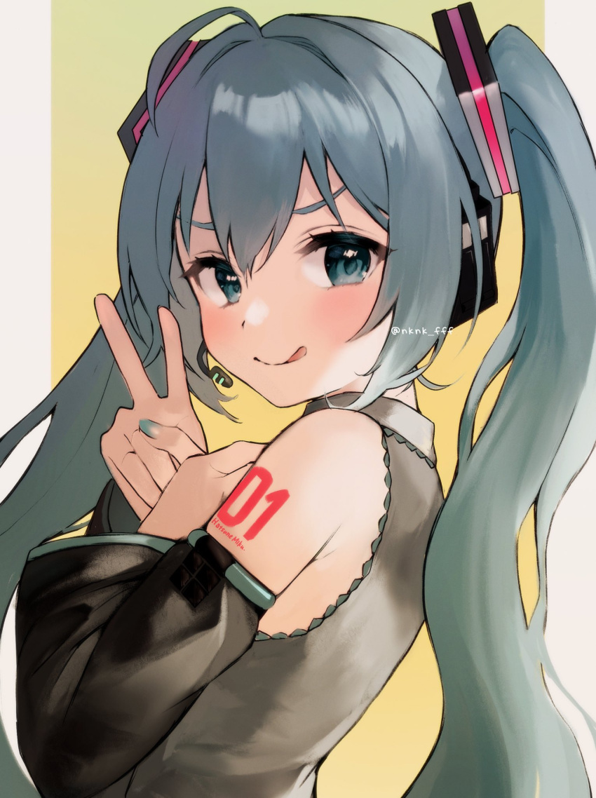1girl :q aqua_eyes aqua_hair aqua_nails border character_name closed_mouth detached_sleeves hatsune_miku headset highres long_hair looking_at_viewer number_tattoo simple_background smile solo tananuki tattoo tongue tongue_out twintails twitter_username upper_body v vocaloid white_border yellow_background