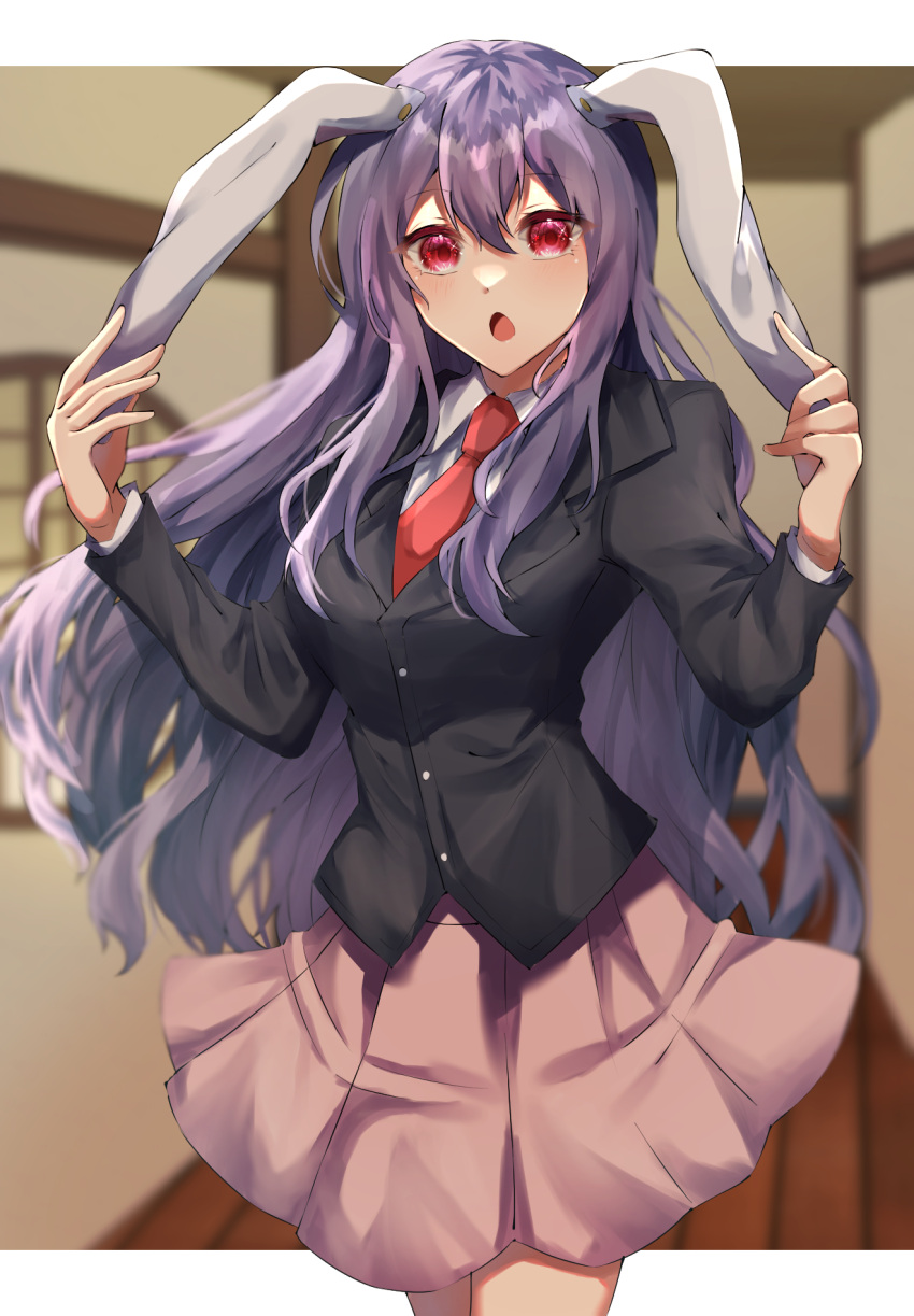 1girl :o animal_ears black_jacket blazer blurry blurry_background collared_shirt hair_between_eyes highres indoors jacket jingai_(k1bun) long_hair long_sleeves looking_at_viewer necktie open_mouth pink_skirt purple_hair rabbit_ears rabbit_girl red_eyes red_necktie reisen_udongein_inaba shirt skirt solo standing touhou white_shirt