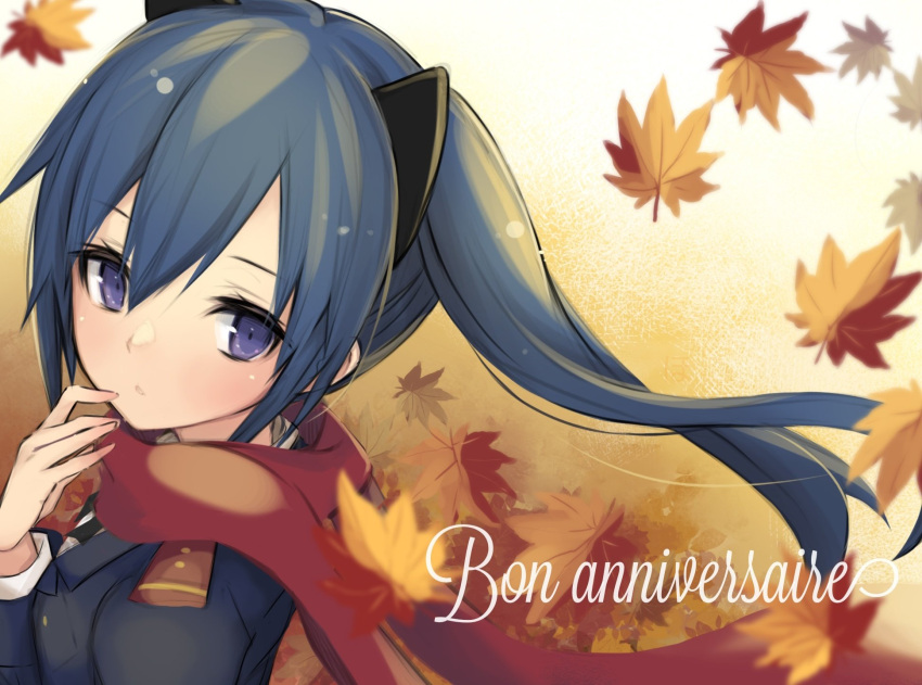 1girl animal_ears assault_lily autumn_leaves bangs blue_hair blue_jacket cat_ears collared_shirt commentary_request epaulettes fake_animal_ears falling_leaves floating_hair floating_scarf french_text from_side gradient gradient_background hair_between_eyes hand_to_own_mouth hand_up happy_birthday highres hotaru_(ultraroly_poly) ishikawa_aoi jacket leaf long_hair long_sleeves looking_at_viewer looking_to_the_side maple_leaf parted_lips portrait red_scarf scarf school_uniform shirt side_ponytail solo translated violet_eyes white_background white_shirt yellow_background