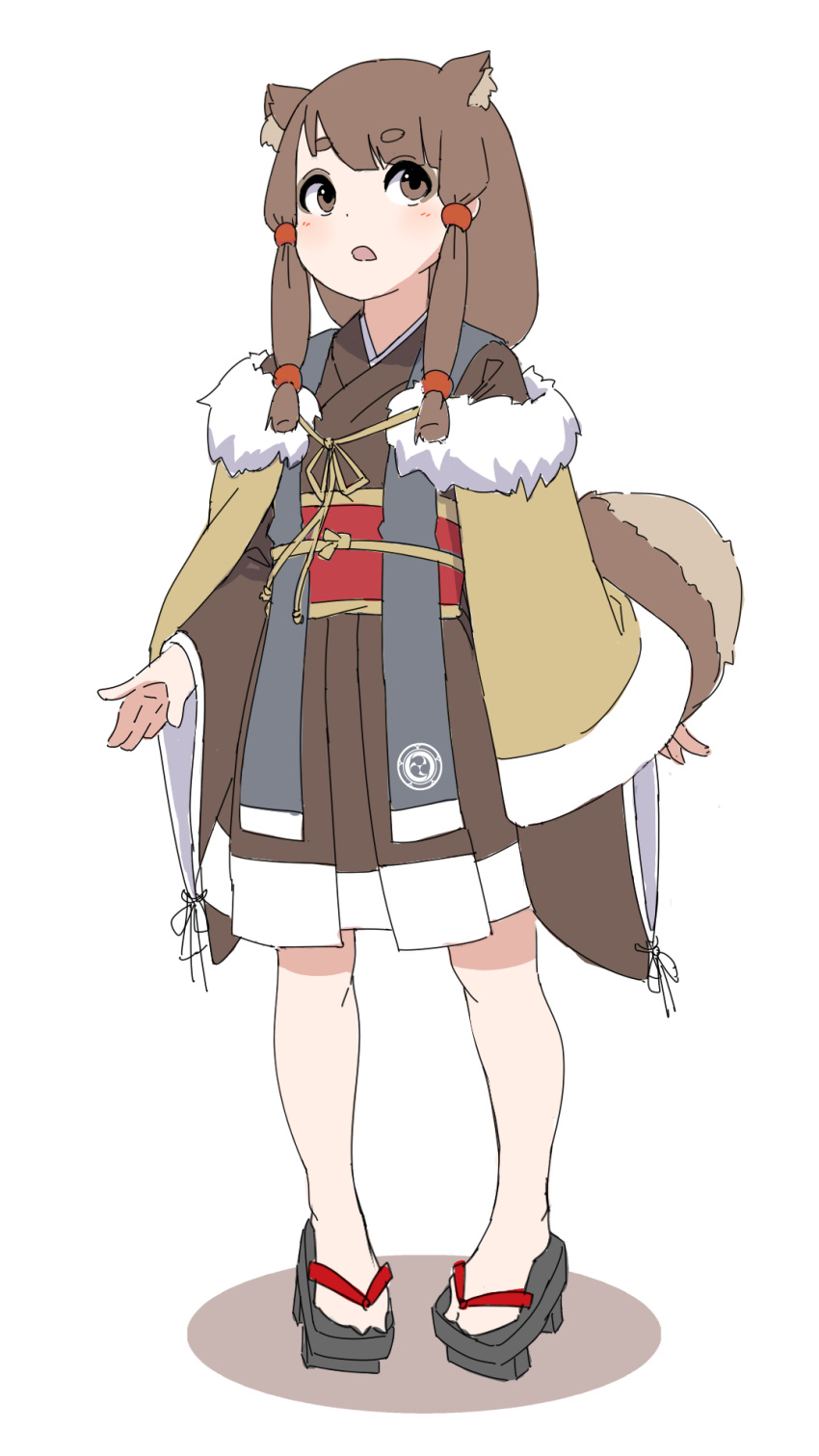 1girl animal_ear_fluff animal_ears blush brown_capelet brown_eyes brown_footwear brown_hair brown_hakama brown_kimono capelet colored_shadow commentary_request fur-trimmed_capelet fur_trim geta hakama hakama_short_skirt hakama_skirt highres japanese_clothes kimono kuro_kosyou long_hair long_sleeves looking_at_viewer obi open_mouth original raccoon_ears raccoon_girl raccoon_tail sash shadow short_eyebrows sidelocks simple_background skirt solo standing tail thick_eyebrows white_background wide_sleeves