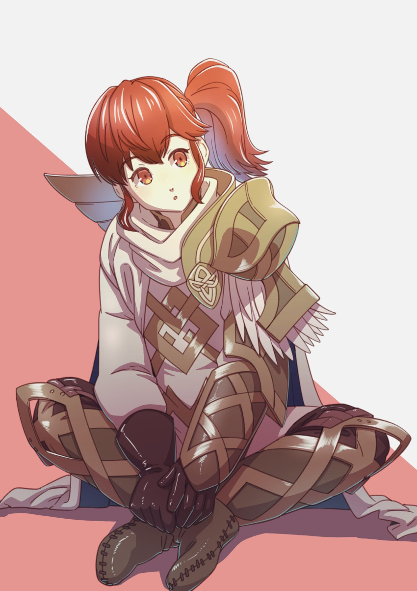1girl :o aduti_momoyama anna_(fire_emblem) armor bangs black_gloves brown_footwear cape fire_emblem fire_emblem_heroes gloves hair_between_eyes high_collar highres long_hair long_sleeves open_mouth orange_eyes pauldrons pink_background redhead shoulder_armor side_ponytail simple_background single_pauldron sitting solo two-tone_background