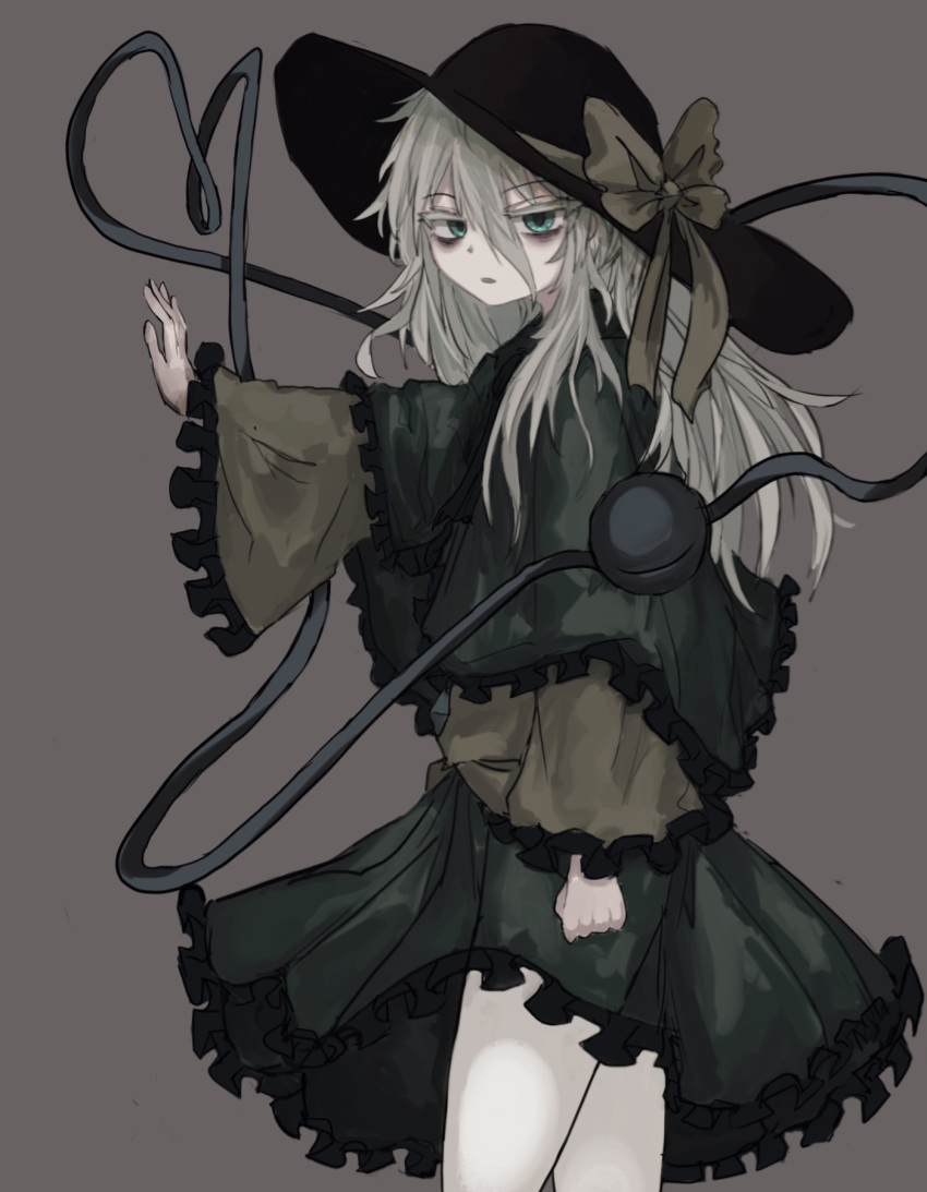 1girl bags_under_eyes bangs black_headwear blouse bow buttons capelet cowboy_shot diamond_button eyeball frilled_capelet frilled_skirt frilled_sleeves frills green_capelet green_eyes green_skirt grey_background grey_hair hair_between_eyes hat hat_bow hat_ribbon highres komeiji_koishi light_frown long_sleeves looking_at_viewer looking_to_the_side medium_hair open_mouth parted_lips reverinth ribbon shirt simple_background skirt solo standing third_eye touhou wide_sleeves yellow_bow yellow_ribbon yellow_shirt