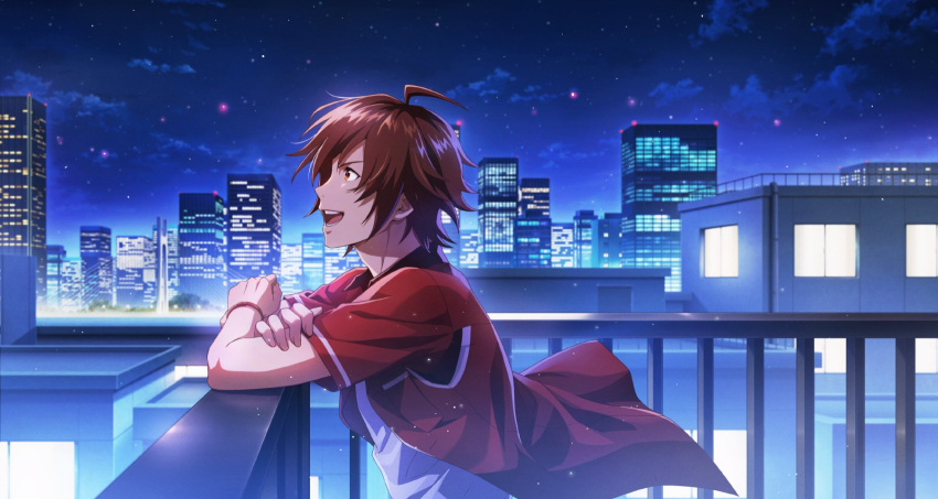 1boy ahoge amagase_touma breast_pocket brown_eyes brown_hair city city_lights clouds fingernails highres idolmaster idolmaster_side-m idolmaster_side-m_growing_stars male_focus night night_sky official_art open_clothes open_mouth pocket rooftop short_sleeves sky star_(sky) teeth third-party_source