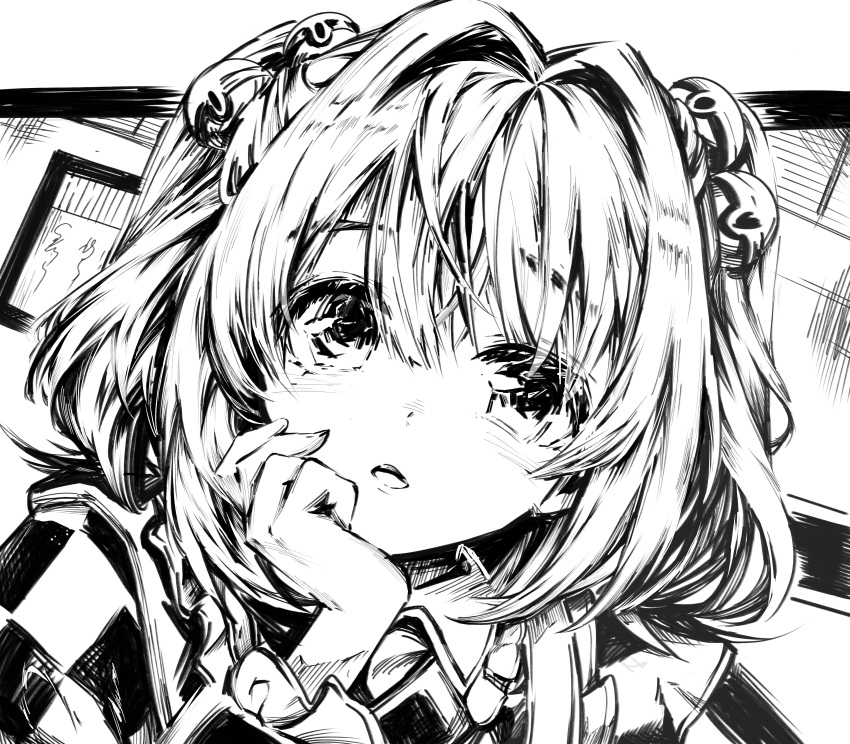 1girl absurdres ashi_(dongshi389) bell blush checkered_clothes checkered_kimono greyscale hair_bell hair_between_eyes hair_ornament highres japanese_clothes jingle_bell kimono long_sleeves looking_at_viewer monochrome motoori_kosuzu open_mouth portrait short_hair solo touhou two_side_up